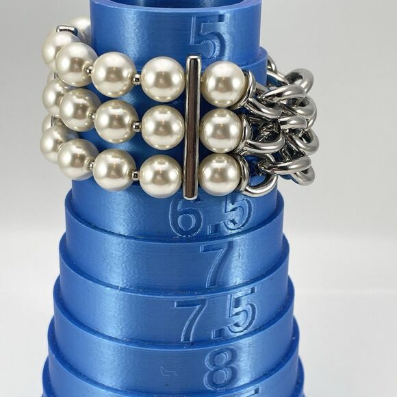 Statement Silver Tone Chain Faux Peal Multi Layer Bracelet Stretch Classic - Picture 3 of 5